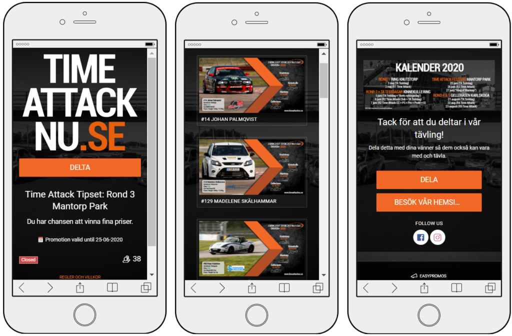 3 mobile screenshots of an interactive predictions quiz. Users are invited to pick the winner for each upcoming race. The final screen of the game shows a race calendar reminding users of key dates.