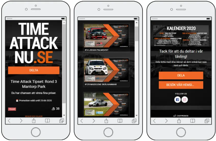 3 mobile screenshots of an interactive predictions quiz. Users are invited to pick the winner for each upcoming race. The final screen of the game shows a race calendar reminding users of key dates.