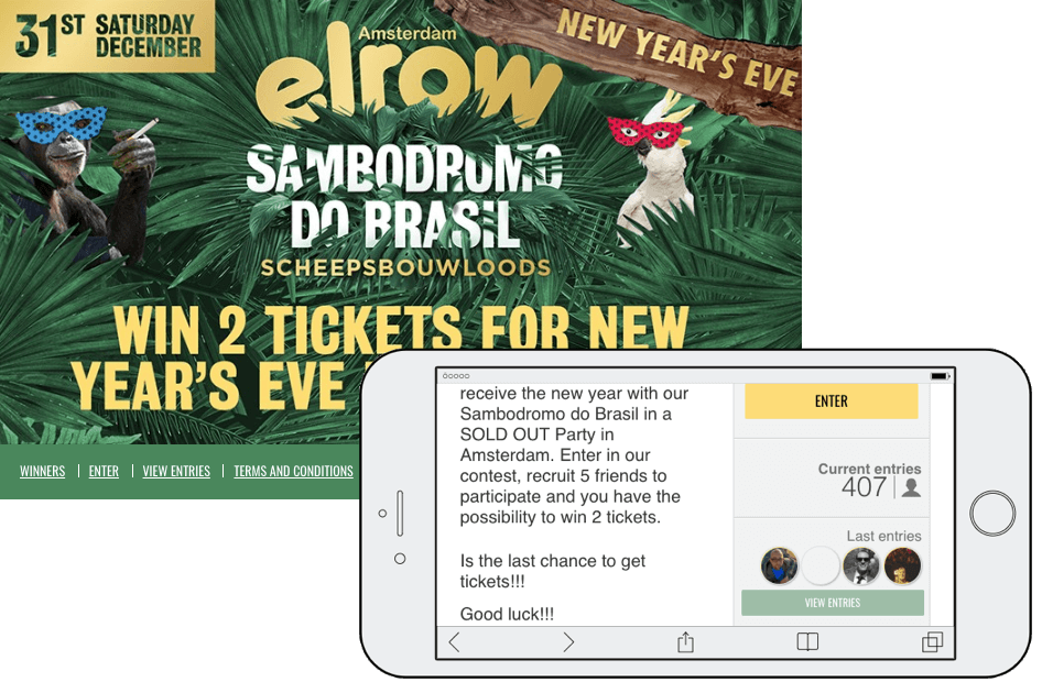 Screenshots from a ticket giveaway for a New Year's Eve party. The 2nd screenshot explains that the party is sold out, but if users recruit 5 more friends, they could win a pair of tickets. Over 400 people have joined the contest so far.