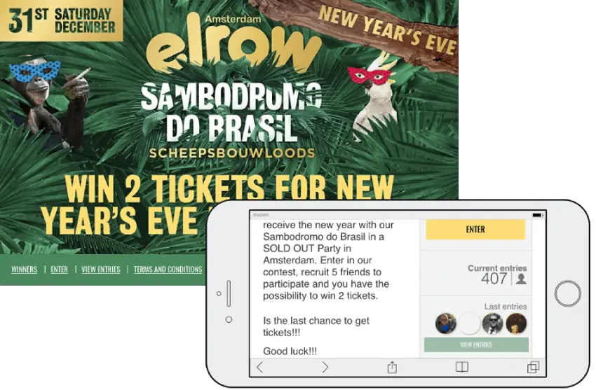 Screenshots from a ticket giveaway for a New Year's Eve party. The 2nd screenshot explains that the party is sold out, but if users recruit 5 more friends, they could win a pair of tickets. Over 400 people have joined the contest so far.