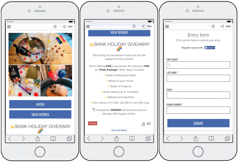 Screenshots of a giveaway app on a mobile phone. The first screen shows a banner image of drinks and party favors. The second screen explains the rules of the contest and the details of the prize. The third screen shows the entry form, which asks participants for their full name, email, and phone number.