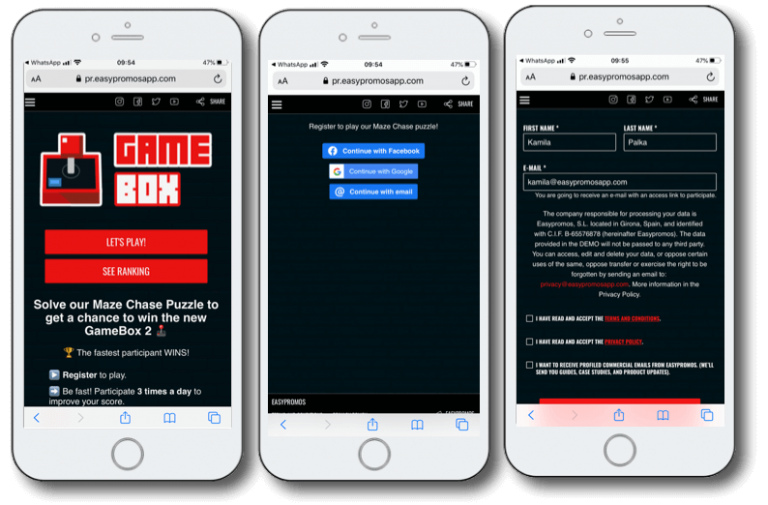 Login options in Easypromos games, mobile preview