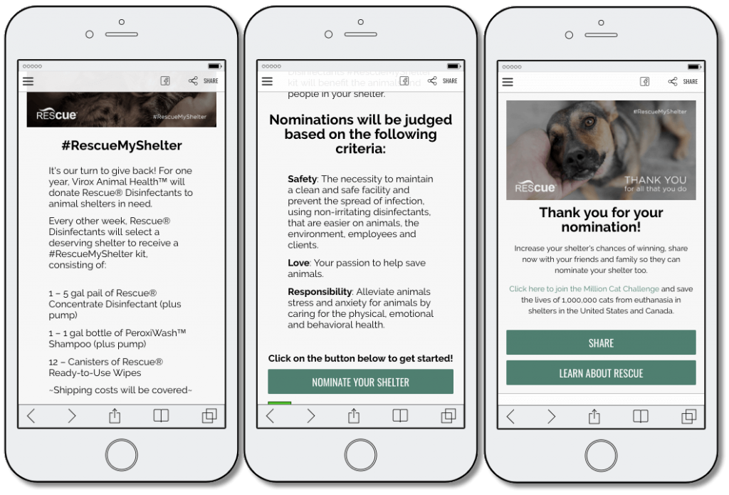 3 screenshots of the writing contest. 1: details of the care package which the winning rescue center will receive. 2: criteria to win the contest. 3: a screen which thanks users for their nominations and asks them to share online.