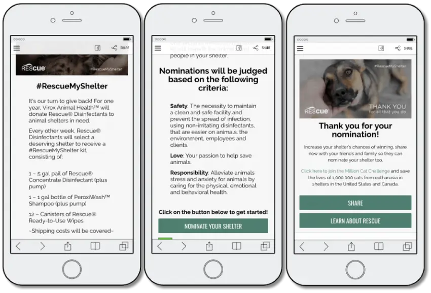 3 screenshots of the writing contest. 1: details of the care package which the winning rescue center will receive. 2: criteria to win the contest. 3: a screen which thanks users for their nominations and asks them to share online.