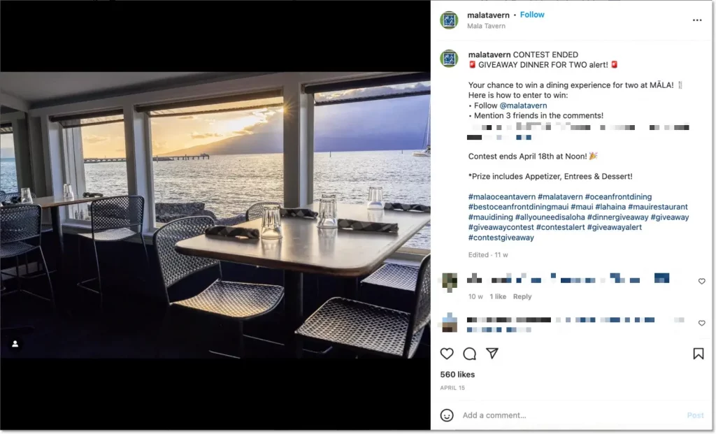 restaurant promotion ideas: giveaway on instagram