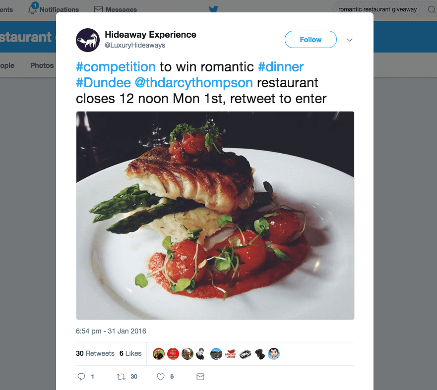 Romantic restaurant promotions: screenshot of a Twitter giveaway of dinner for 2. Users retweet to enter.