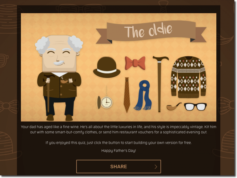 Screenshot from a Father's Day quiz. The image shows a close-up version of the "oldie" character. The text below recommends buying vintage clothes or restaurant vouchers as a Father's Day gift.