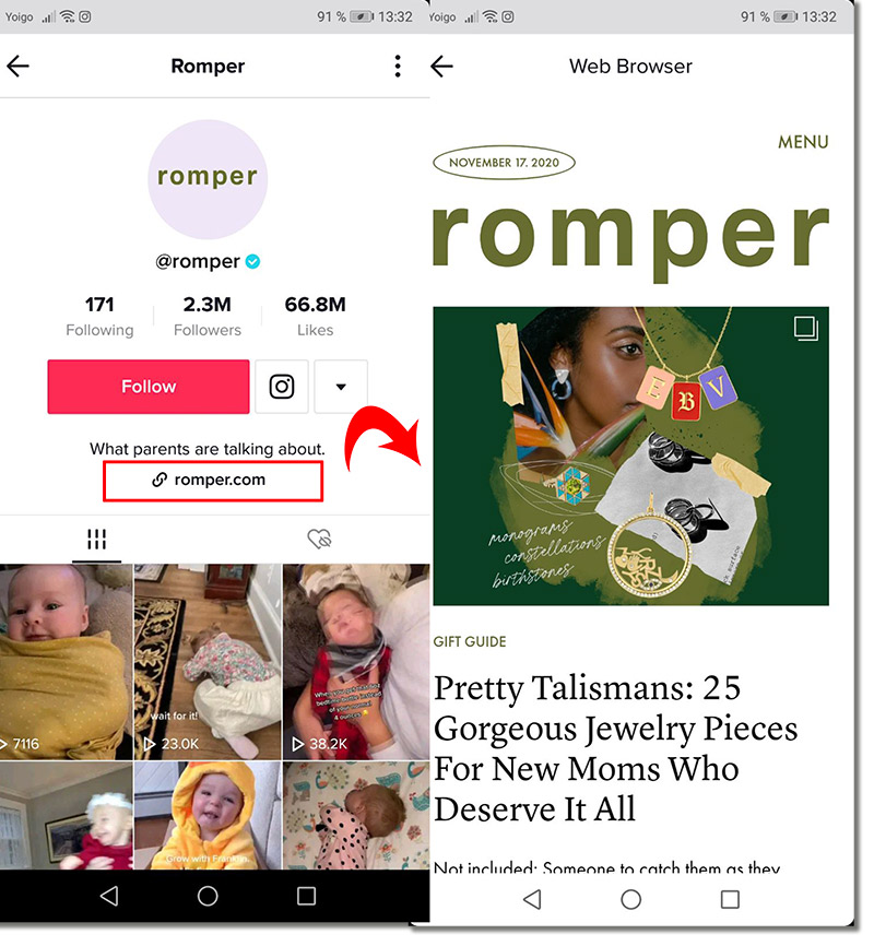 TikTok giveaways and contests, screenshot of TikTok profile of Romper