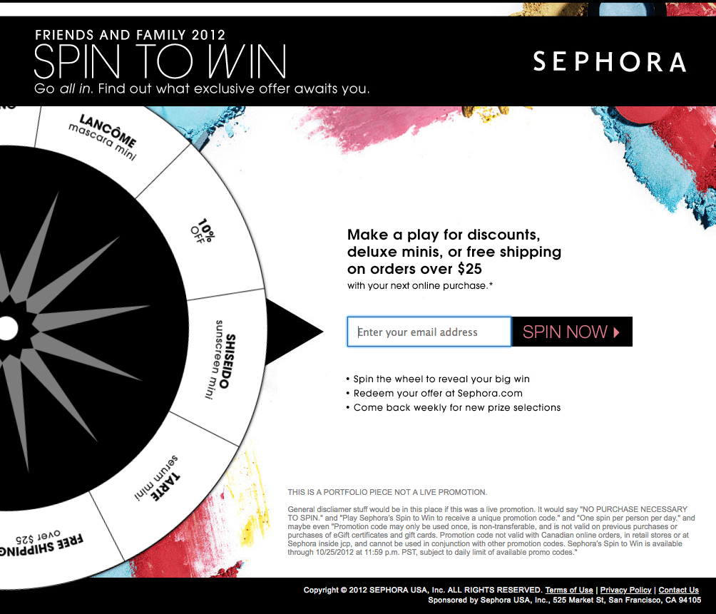 Example of a roulette wheel promotion created for Sephora by joseph.vangeffen.org. Users share their contact details and spin the wheel to win coupons and free gifts.