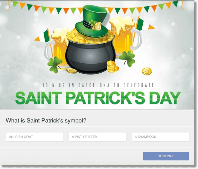 Screenshot of a quiz for a Saint Patrick's Day promotion. The image shows a cauldron full of gold, a green hat, and two pints of beer. The text reads: "Join us in Barcelona to celebrate Saint Patrick's Day. What is Saint Patrick's symbol? 1, an Irish goat. 2, a pint of beer. 3, a shamrock."