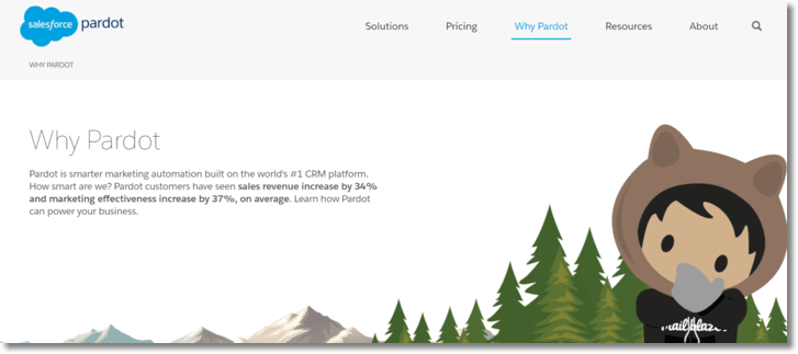 Homepage of the Pardot website. The website claims that Pardot users can see sales revenue increase of 34% and marketing effectiveness increase of 37%.