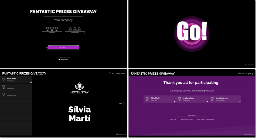 4 screenshots from the Broadcast Mode video. They show the introductory screen, the countdown, the moment a winner is selected, and a final "thank you" animation.