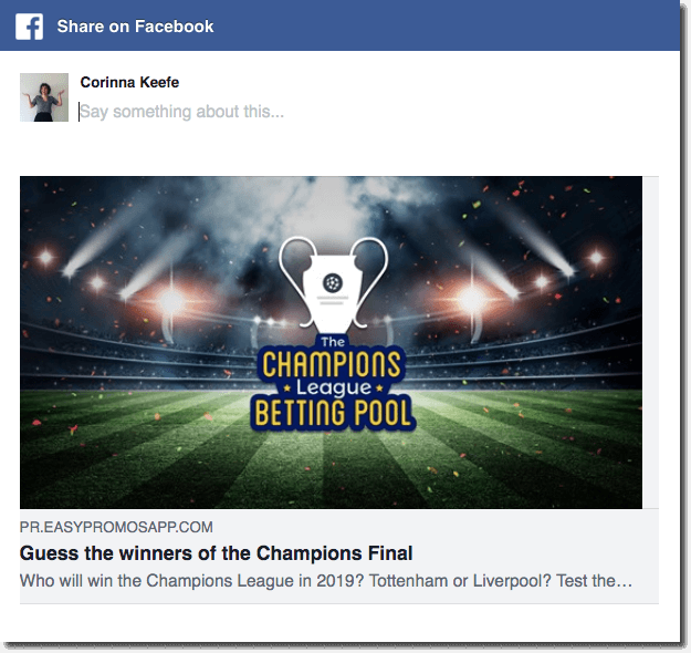 Example of a user sharing the contest on Facebook. The app automatically generates an image and suggested share text for users.