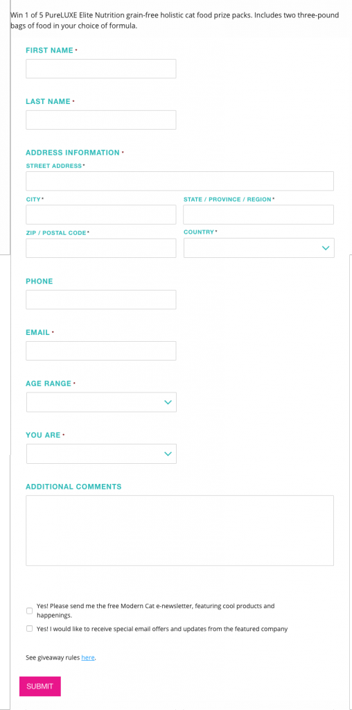 Screenshot of registration form for the cat food prize draw. Users share their contact details, age and gender. They have the option to subscribe to the newsletter and receive special offers.