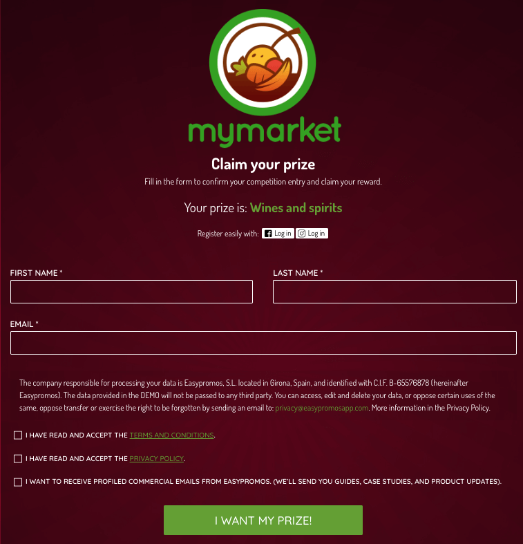 Spin the wheel entry form