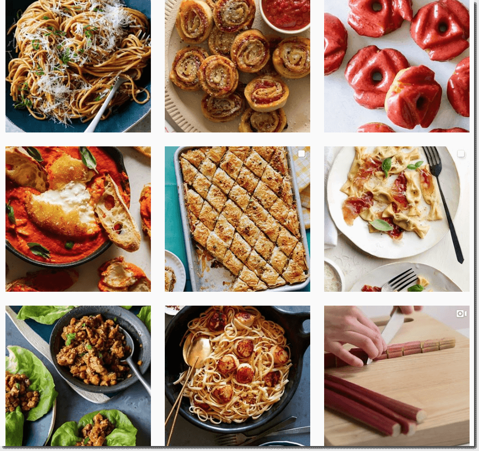 Screenshot of the Instagram grid of Spoon Fork Bacon. All the photos are in warm red and yellow tones (for example, tomato soup, or rhubarb).