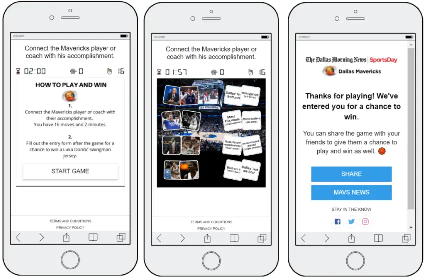 3 mobile screenshots of an interactive card-matching game from the Dallas Mavericks sports team. Users have to link each sports player with their biggest achievement. If users complete the game, they are entered in a prize draw.