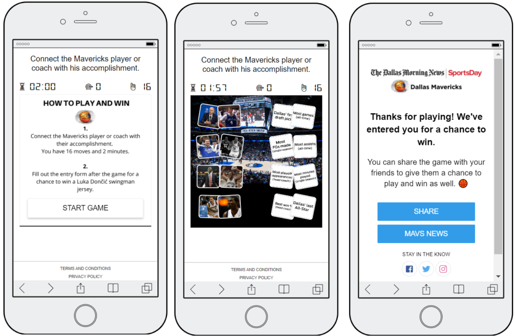 3 mobile screenshots of an interactive card-matching game from the Dallas Mavericks sports team. Users have to link each sports player with their biggest achievement. If users complete the game, they are entered in a prize draw.