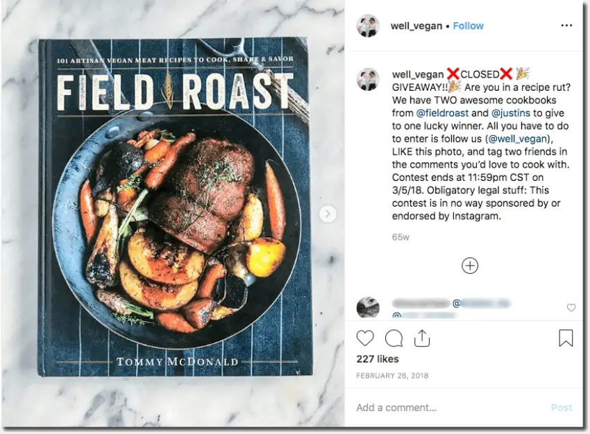 An Instagram giveaway to promote a recipe book. The image shows the front cover of the book. In the caption, the blogger asks users to follow, like, and tag friends in the comments for a chance to win.