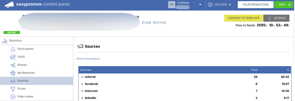 Screenshot of the Easypromos Statistics panel for a promotion. The chart shows click sources: 29 clicks from direct referral, 8 from Facebook, 7 from Intercom, and 2 from LinkedIn.