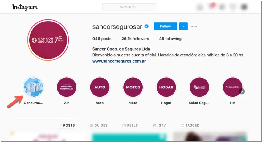 Instagram profile of Sancor Seguros showing the Story Highlights promoting the campaign
