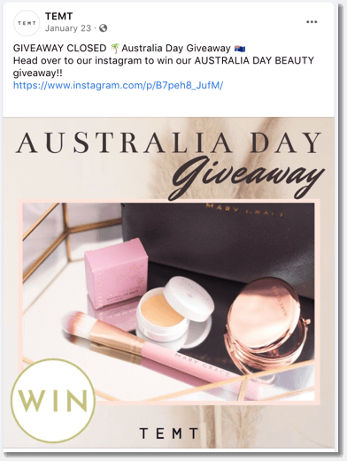 Screenshot of Temt promoting their Instagram giveaway on facebook