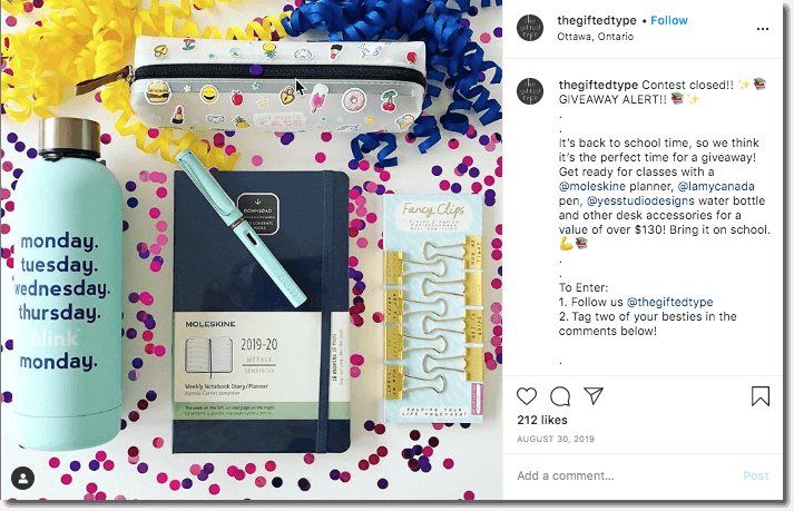 Example of a Back to School Instagram giveaway organized by a stationary shop.