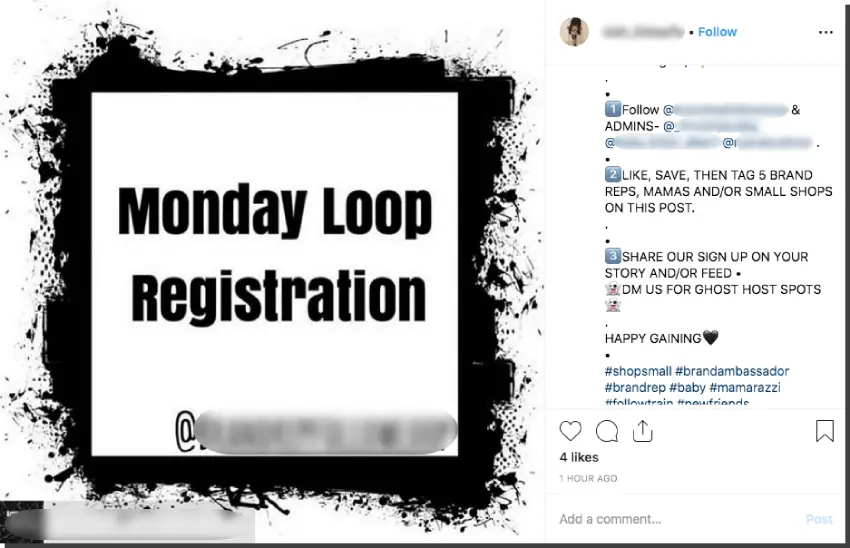 Screenshot of an Instagram loop giveaway. Users are asked to follow, like, save, tag, share, Story and direct message.