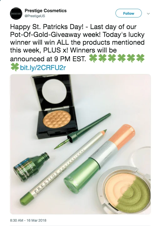Twitter post announcing a St Patrick's Day giveaway. The image shows a collection of cosmetics in green and gold.
