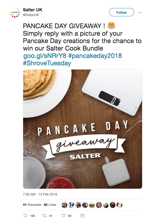 A Pancake Day giveaway post on Twitter. The image shows pancakes and an electronic scale, with the title "Pancake Day Giveaway - Salter". The text describes how to enter the contest.