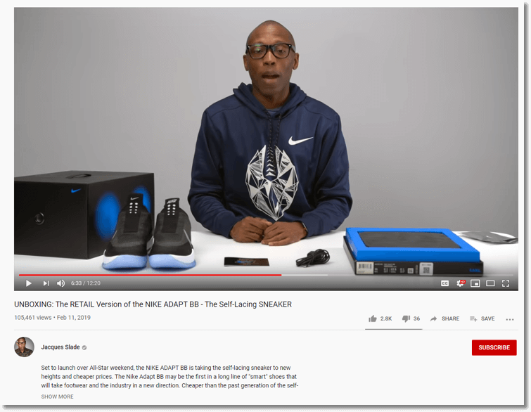 creative marketing strategy for brand voice. screenshot of an unboxing video by Jacques Slade for Nike