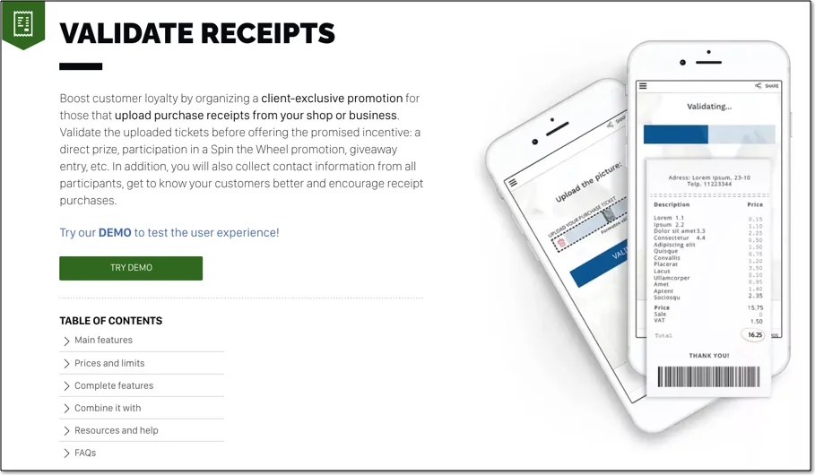 Validate Receipts application landing page by Easypromos