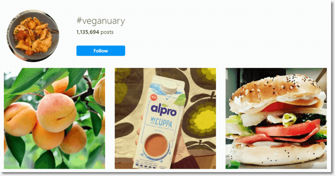 Screenshot of the hashtag "veganuary" on Instagram. 1,135,694 posts are listed. Sample posts include a photograph of an apricot tree, a carton of Alpro dairy-free milk, and a veggie burger.