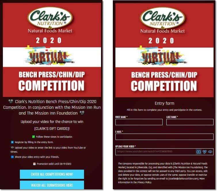 Screenshot of a video contest by Clark's Nutrition. Users share a video of themselves doing bench presses, chin-ups and dips for the chance to win a giftcard.