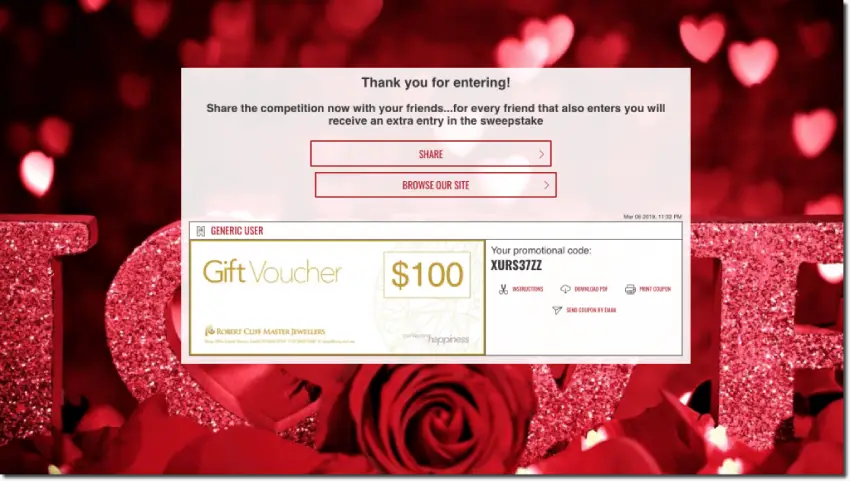 Screenshot of the end of a jewelry giveaway. Against a background of red roses, the text reads: "Thank you for entering!". The user receives a gift voucher for $100 and a unique promotional code.