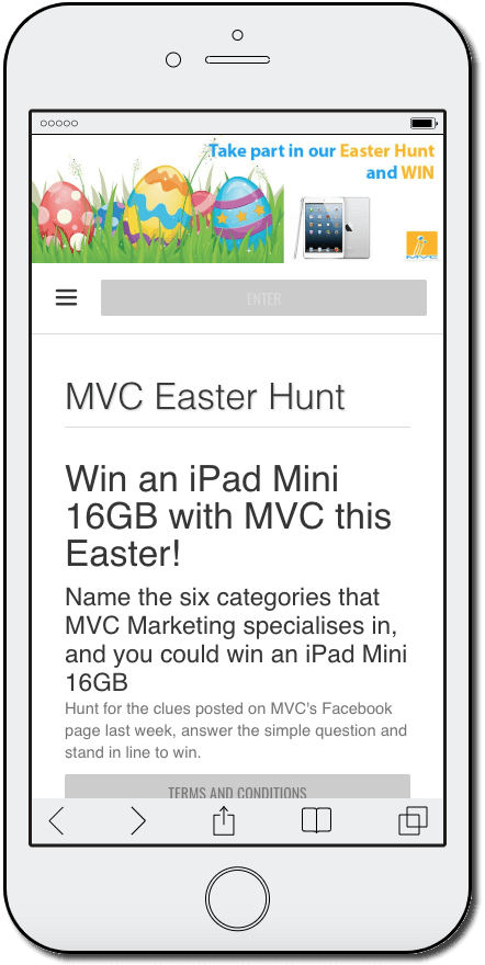 Easter promotion ideas: an online Easter egg hunt. The mobile screenshot announces a contest to win an iPad Mini, when participants name the 6 specialist interests of the organizing brand.