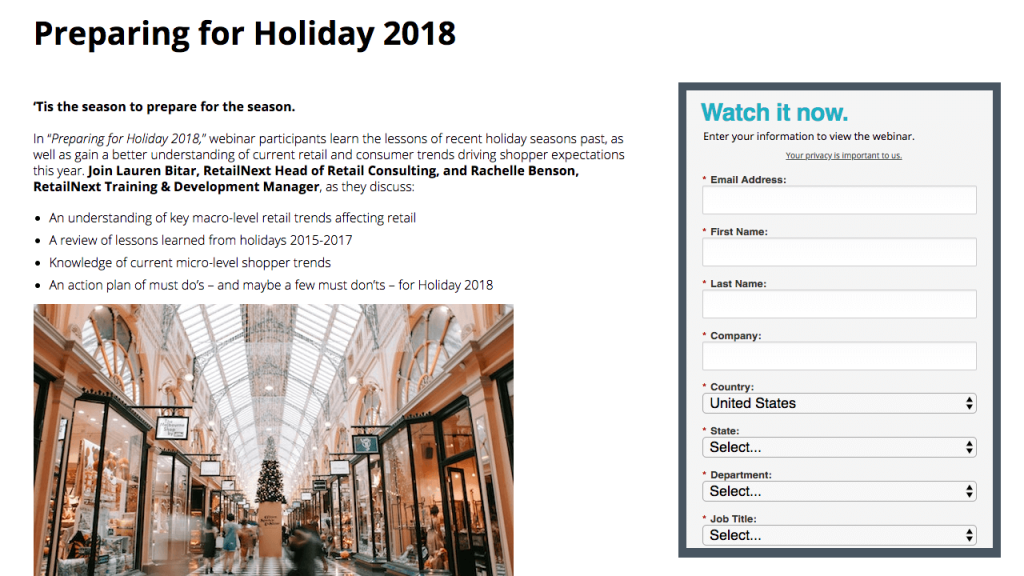 Sign up page for a webinar about retail marketing for the holidays, 2018. Users share their contact and employment details to join.