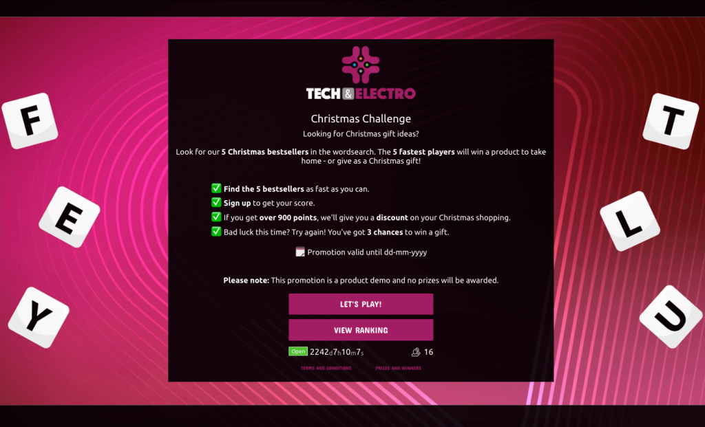 Wordsearch demo main screen
