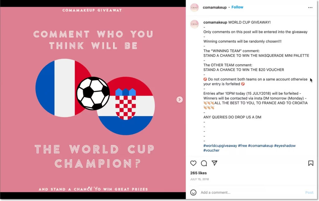 instagram world cup giveaway organized by a makeup brand