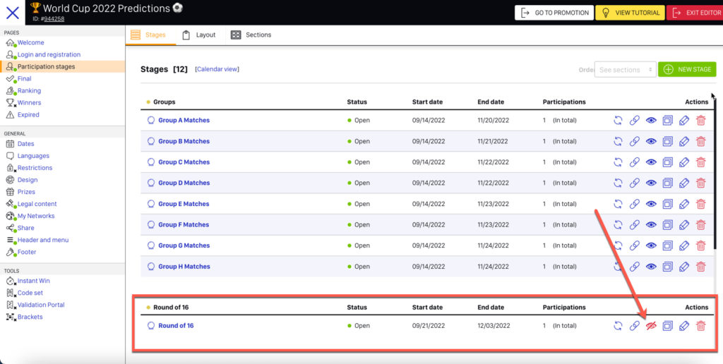 screenshot of the control panel of a multi-round betting pool for world cup 2022