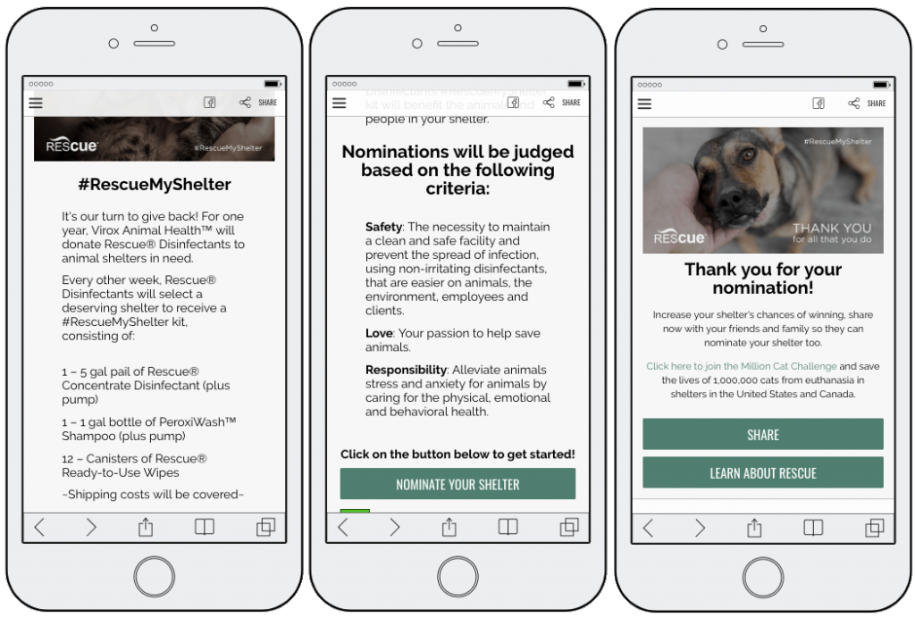3 screenshots of the writing contest. 1: details of the care package which the winning rescue center will receive. 2: criteria to win the contest. 3: a screen which thanks users for their nominations and asks them to share online.