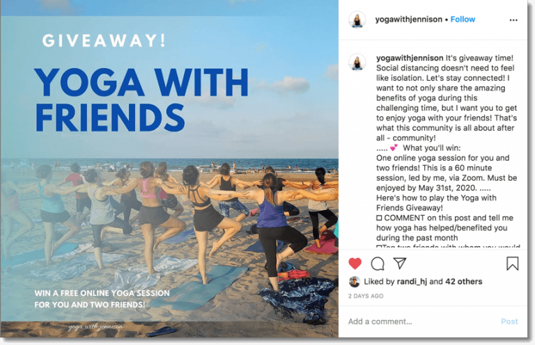 Screenshot of an Instagram post. The yoga business offers an exclusive online session for giveaway winners. To enter the giveaway, users have to share their stories of how yoga helped them during the 2020 lockdown.