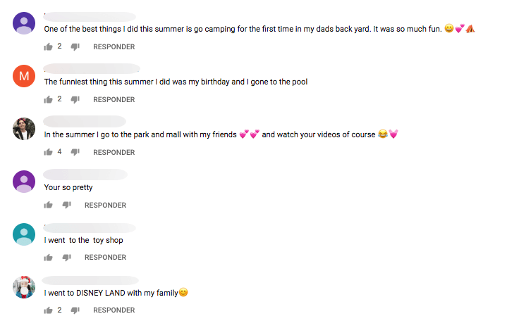 Screenshot of comments on the Toy Caboodle video giveaway. Responses include "go to the park and mall with my friends", "went to the toy shop", and "went to Disneyland".