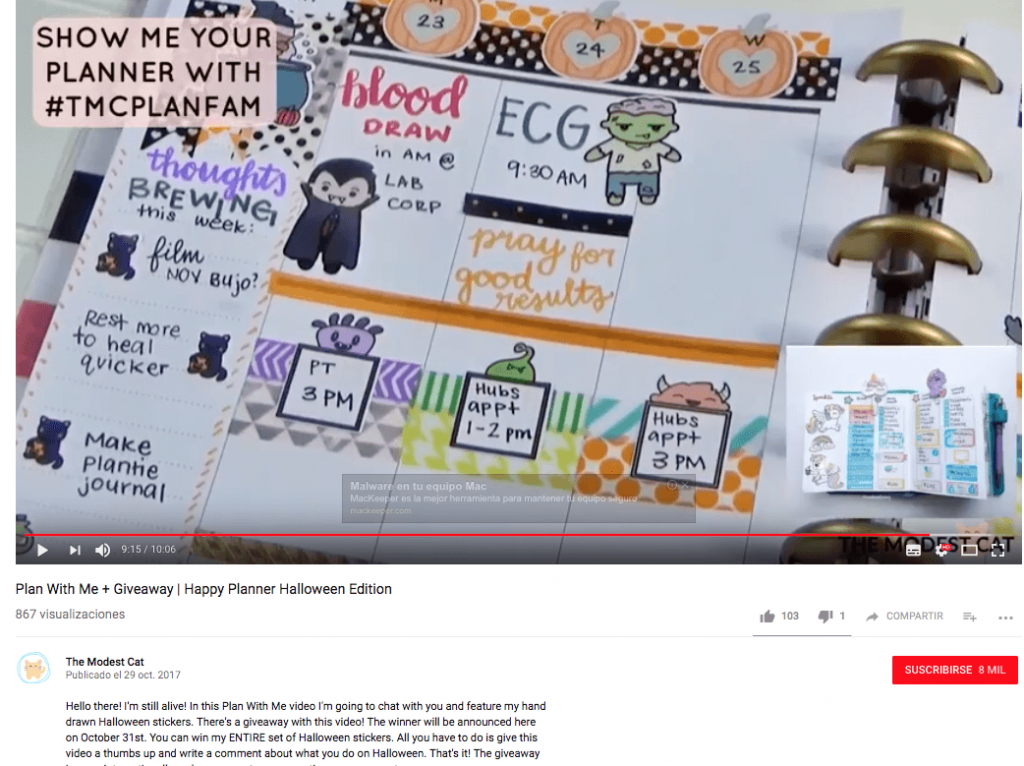 Example of a Halloween giveaway on social media: this YouTube video about decorating a planner for Halloween doubles as a giveaway post.