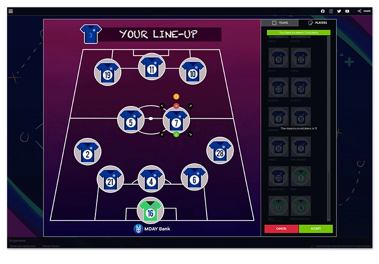 Ideas de promociones para partidos de fútbol: juego para crear la alineación del equipo