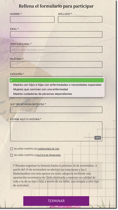 formulario de registro del caso de éxito de malasmadres y cinfa