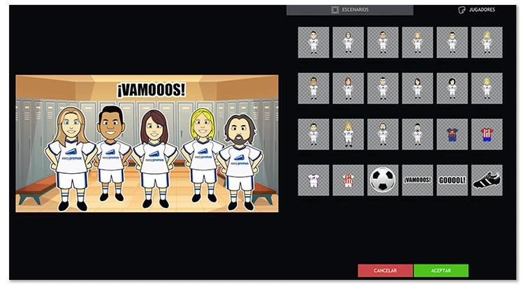 ejemplo de juego para crear la alineación de un equipo con la app Escenarios