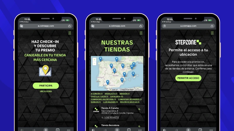 Demostración de una promoción con geolocalización donde el usuario consulta un mapa de establecimientos participantes y verifica su ubicación para participar desde una tienda.