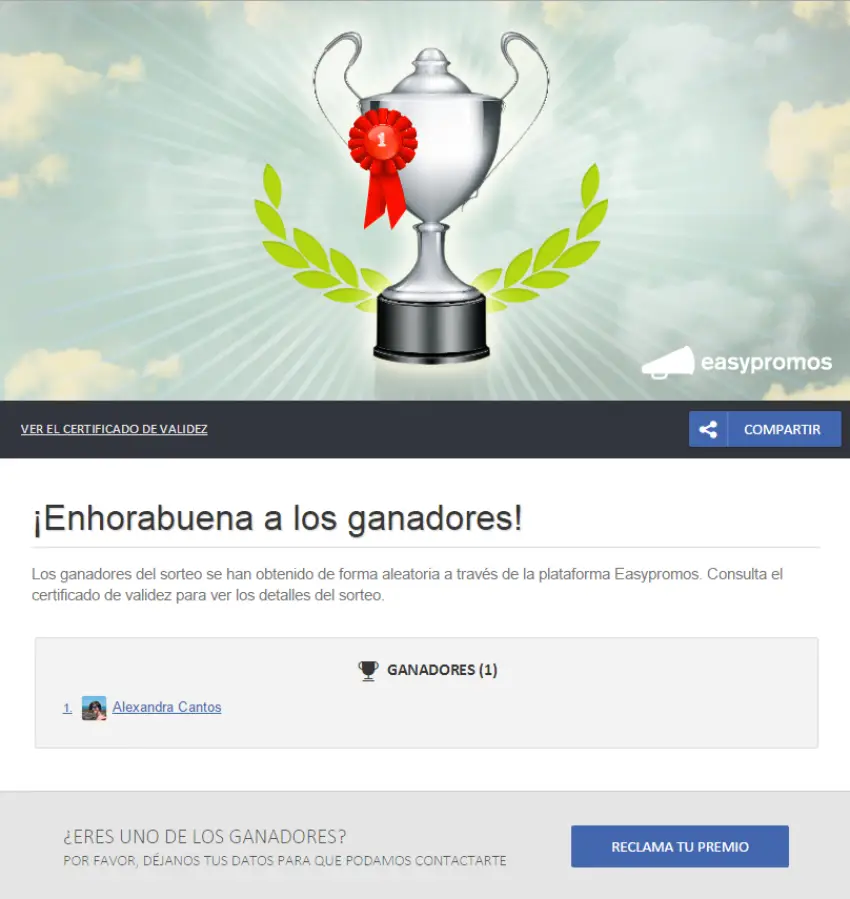 página de ganadores y botón de reclamar premio