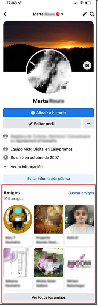apartado amigos de Facebook en móvil